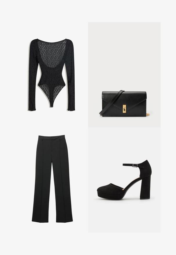 Body din dantelă neagră cu mâneci lungi, având un decolteu rotund și un model floral complex. Închidere tip snap în partea de jos.; Pantaloni negri cu talie înaltă și picior larg, cu bucle pentru curea și un detaliu cu cusătură frontală, expuși pe un fundal alb.; Pantofi cu toc platformă din suede negru, cu un toc gros și pătrat, vârf rotund și curea pentru gleznă prinsă cu o cataramă metalică. Textură netedă pe toată suprafața.; Portofel din piele neagră, cu clapetă pliabilă, accesorii din aur, având un accent cu logo. Include o curea detașabilă pentru purtare.