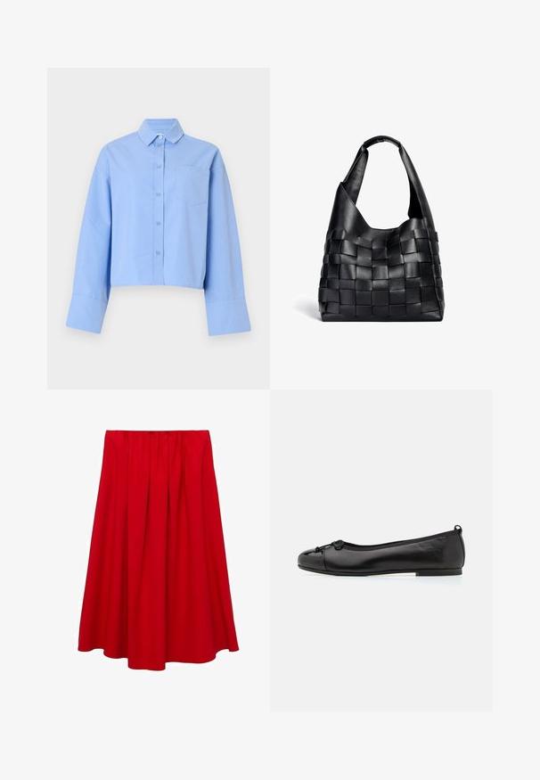 Svjetloplava skraćena košulja od tkanine, s prednjim kopčanjem na gumbe, velikim manžetama i džepom na prsima s suptilnim oznakama.; Crvena, suknja do koljena sa nabranim strukom i lepršavim A-linijom. Izrađena od glatke tkanine bez vidljivih uzoraka ili akcenata.; Crne patentne balerinke s okruglim vrhom, s malim detaljem mašne sprijeda i podlogom za udobnost.; Crna kožna torba za nošenje s pletenim uzorkom, opuštenog oblika i širokim remenom za ramena. Ima teksturirani, isprepleteni dizajn s glatkom završnom obradom.