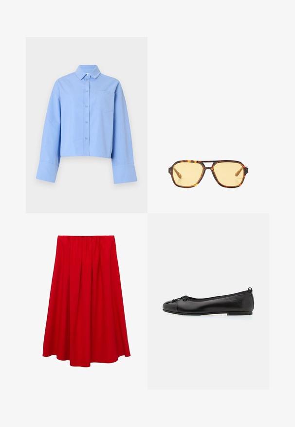 Chemise courte bleu clair en tissu, avec un devant à boutons, de grands poignets et une poche poitrine avec un branding discret.; Jupe rouge midi avec une taille froncée et une coupe évasée. Confectionnée dans un tissu lisse sans motifs ni accents visibles.; Ballerines en cuir verni noir avec un bout arrondi, présentant un petit nœud à l'avant et une semelle intérieure rembourrée pour le confort.; Lunettes de soleil en écaille de tortue avec un design géométrique, verres jaunes et accents en métal sur les tempes. Monture large et texture mate.; Sac cabas en cuir noir tissé avec une forme décontractée et une large bandoulière. Caractéristiques d'un design texturé et entrelacé avec une finition lisse.