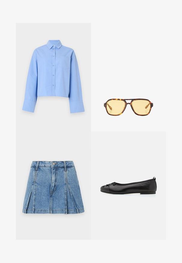 Himmelblaues, kurzes Hemd aus Stoff mit durchgehender Knopfleiste, großen Manschetten und einer Brusttasche mit dezentem Branding.; Röhrenjeans-Minirock in Hellblau mit plissiertem Design, silberner Knopfverschluss und klassischer Fünf-Pocket-Style.; Schwarze Lackleder-Ballerinas mit runder Zehenform, ausgestattet mit einer kleinen Schleifenapplikation vorne und einer gepolsterten Innensohle für zusätzlichen Komfort.; Sonnenbrille aus Schildpatt mit geometrischem Design, gelben Gläsern und Metallakzenten an den Bügeln. Breiter Rahmen und matte Textur.; Schlichte schwarze Ledertasche mit geflochtenem Design, in lässiger Form und breitem Schulterriemen. Sie verfügt über eine strukturierte, verflochtene Optik mit glatter Oberfläche.