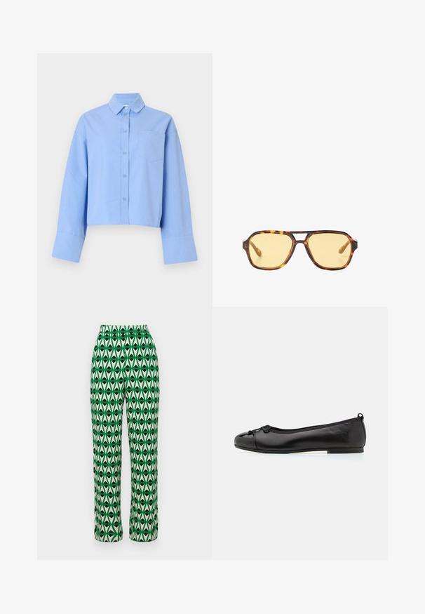 Light blue cropped shirt made of fabric, featuring a button-down front, large cuffs, and a chest pocket with subtle branding.; Green and cream wide-leg pants featuring a repeating geometric leaf pattern in black. Made from a lightweight fabric with a smooth texture.; Black patent leather ballet flat with a rounded toe, featuring a small bow detail at the front and a cushioned insole for comfort.; Tortoiseshell sunglasses with a geometric design, yellow lenses, and metal accents on the temples. Wide frame and matte texture.; Black leather woven tote bag with a slouchy shape and wide shoulder strap. Features a textured, interlaced design with a smooth finish.
