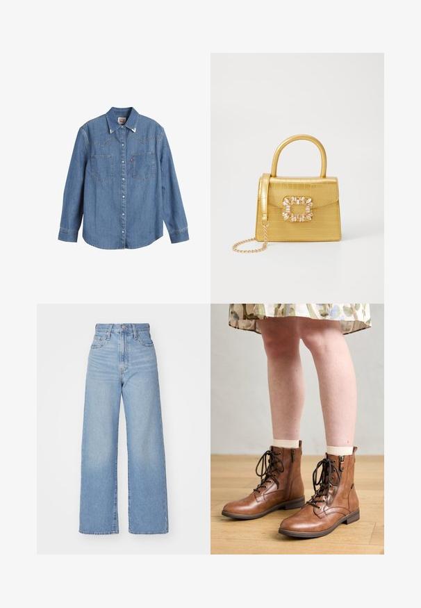 Šviesiai mėlynas džinsinis marškinis su ilgomis rankovėmis, smailu apykakliniu kraštu, dviem krūtinės kišenėmis ir kontrastinėmis siūlėmis. Yra vakarietiško stiliaus jungo dizainas.; Šviesiai mėlynos aukšto liemens plačios kojos džinsai su priekiniais užtrauktukais ir sagom, priekinėmis ir galinėmis kišenėmis, ant baltos fono.; Rudos odinės kulkšninių botai su raišteliais ir užtrauktuku. Įrengti apvaliu pirštu ir žemu kulnu, derinami su kreminėmis kojinėmis ir gėlių rašto sijonu.; Geltonas dirbtinės krokodilo odos rankinukas su standžiu dizainu, viršutine rankena, nuimamu grandininiu dirželiu ir dekoratyviniu krištolo papuošimu ant užsegimo.