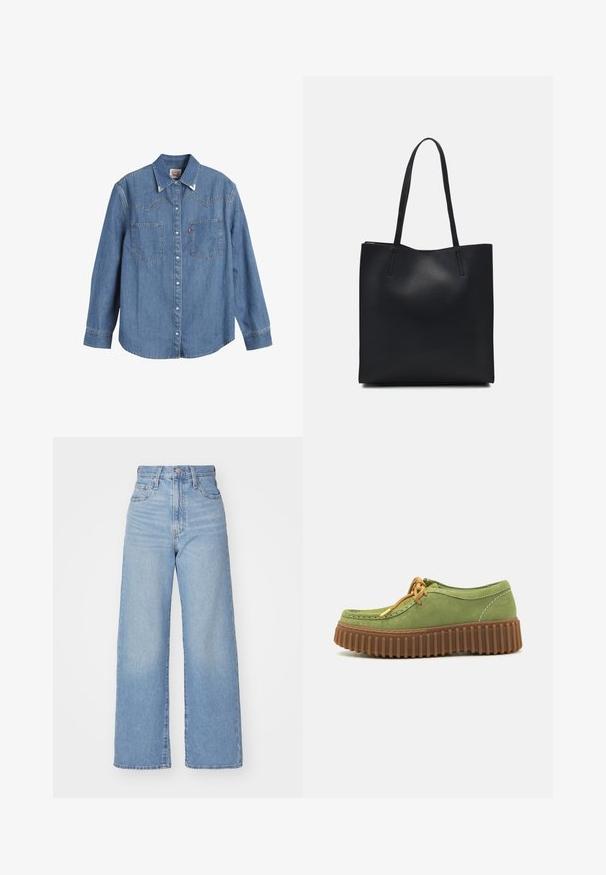 Cămașă din denim de culoare albastru deschis, cu mâneci lungi, guler ascuțit, două buzunare pe piept și cusături contrastante. Prezintă un design tip yoke în stil vest.; Jeans cu talie înaltă, de culoare albastru deschis, cu croială largă, dotate cu nasture și fermoar la față, buzunare în față și spate, pe un fundal alb.; Pantof verde din suede cu vârf rotund, talpă din cauciuc cu striații de culoare maronie și șireturi portocalii. Prezintă cusături contrastante pe margini.; Geantă tote neagră din piele, cu textură netedă, formă rectangulară și două mânere lungi. Fără hardware vizibil sau ornamente.