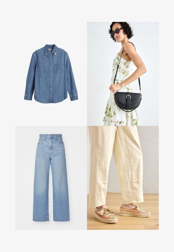 Világoskék farmering hosszú ujjal, hegyes gallérral, két mellzsebbel és kontrasztos varrással. Nyugati stílusú yoke mintázattal rendelkezik.; Világoskék, magas derekú, bő szárú farmernadrág, elülső gombbal és cipzárral, elülső és hátsó zsebekkel, fehér háttérrel.; Több színben szőtt cipők bézs alappal, lekerekített orral és fűzős dizájnnal. Texturált anyag, mintás felülettel és barna kiegészítőkkel.; Fekete bőrtáska ívelt formával, levehető pánttal és arany színű fémrészekkel. A táskán egy csattal díszített fedél található.