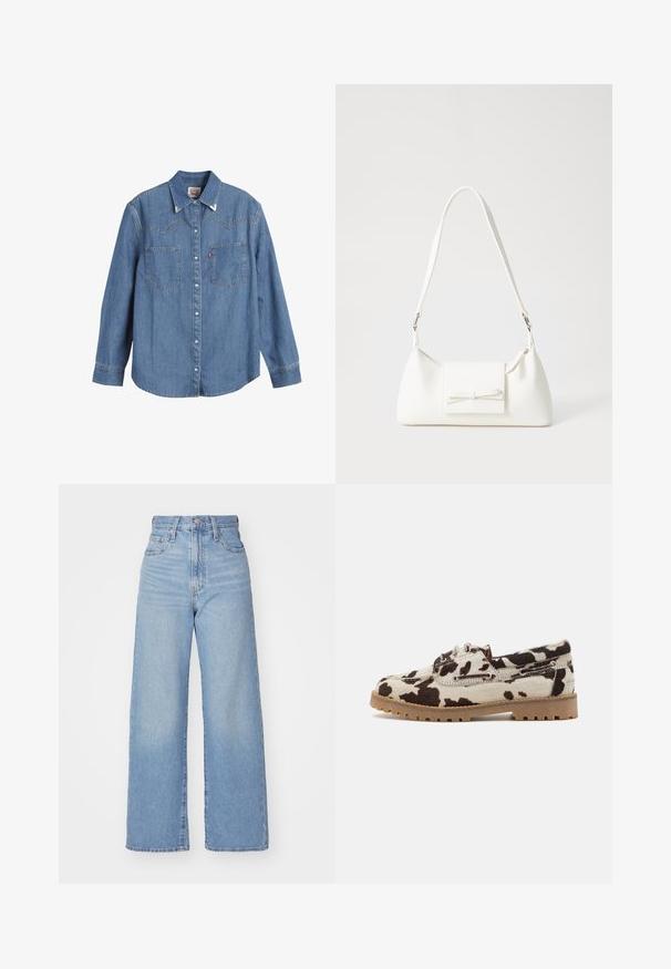 Light blue denim shirt with long sleeves, pointed collar, two chest pockets, and contrasting stitching. Features a western-style yoke design.; Light blue high-waist wide-leg jeans with front button and zip closure, front and back pockets, on a white background.; Cowhide-patterned shoes featuring a cream base with dark brown splotches, constructed with a rubber sole and lace-up detailing.; White synthetic handbag with a triangular shape, flat front flap and bow detail, adjustable strap, smooth texture, and minimalistic design.