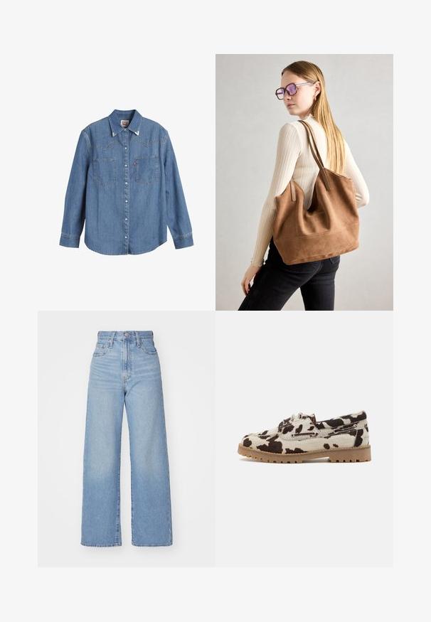 Chemise en jean bleu clair à manches longues, col pointu, deux poches poitrine et coutures contrastées. Possède un design de dos de style western.; Jean large taille haute bleu clair avec bouton et fermeture éclair à l'avant, poches avant et arrière, sur fond blanc.; Chaussures à motif peau de vache avec une base crème et des taches marron foncé, construites avec une semelle en caoutchouc et un lacet.; Sac fourre-tout en daim marron avec une texture douce, grande ouverture et longues sangles. Présente un design simple avec des coutures visibles et sans matériel.