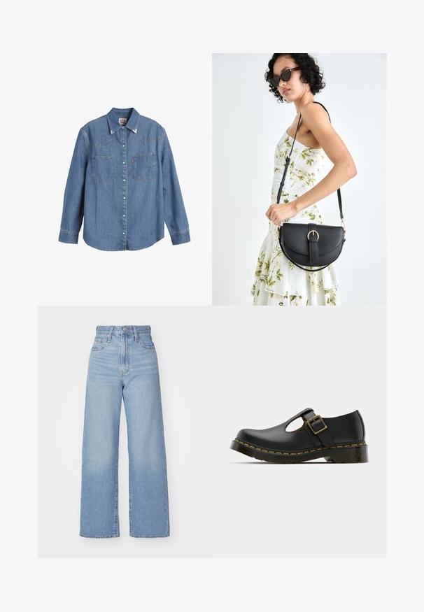 Világoskék farmering hosszú ujjal, hegyes gallérral, két mellzsebbel és kontrasztos varrással. Nyugati stílusú yoke mintázattal rendelkezik.; Világoskék, magas derekú, bő szárú farmernadrág, elülső gombbal és cipzárral, elülső és hátsó zsebekkel, fehér háttérrel.; Fekete bőrcipő lekerekített orral, bokapánttal és csattal, alacsony sarkú, sárga varrással a talp mentén. Az egész felület sima szerkezetű.; Fekete bőrtáska ívelt formával, levehető pánttal és arany színű fémrészekkel. A táskán egy csattal díszített fedél található.