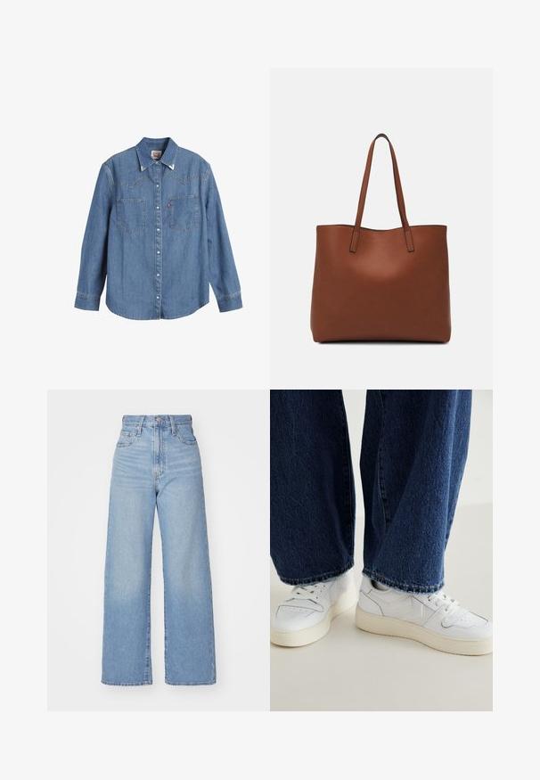 Camisa de mezclilla azul clara con mangas largas, cuello puntiagudo, dos bolsillos en el pecho y costuras en contraste. Presenta un diseño de canesú de estilo occidental.; Jeans de tiro alto y pernera ancha en azul claro, con cierre frontal de botón y cremallera, y bolsillos delantero y trasero, sobre un fondo blanco.; Zapatillas blancas con detalles texturizados y acentos beige, combinadas con jeans de pierna ancha azul oscuro con dobladillos deshilachados.; Bolso tote de cuero marrón con una textura suave, diseño de apertura superior y dos correas para el hombro. Presenta una costura mínima y sin herrajes visibles.