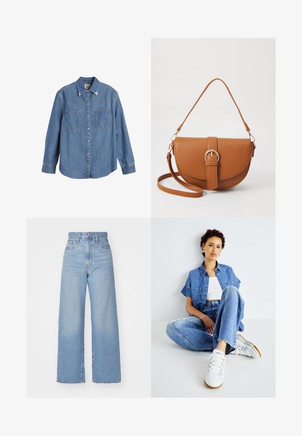 Hellblaues Denim-Hemd mit langen Ärmeln, spitzem Kragen, zwei Brusttaschen und kontrastierenden Nähten. Verfügt über ein Design mit Westernstil-Yoke.; Hellblaue High-Waist-Weite-Leg-Jeans mit Knopf- und Reißverschluss vorne, Vorder- und Rückentaschen, auf weißem Hintergrund.; Zwei-teiliges Denim-Outfit bestehend aus einem hellblauen, verkürzten Hemd mit kurzen Ärmeln und hoch sitzenden Jeans. Kombiniert mit weißen Sneakers.; Braune Leder-Crossbody-Tasche mit geschwungener Form, goldfarbenen Beschlägen und einer Schnallenakzentuierung. Verfügt über einen abnehmbaren Schultergurt.
