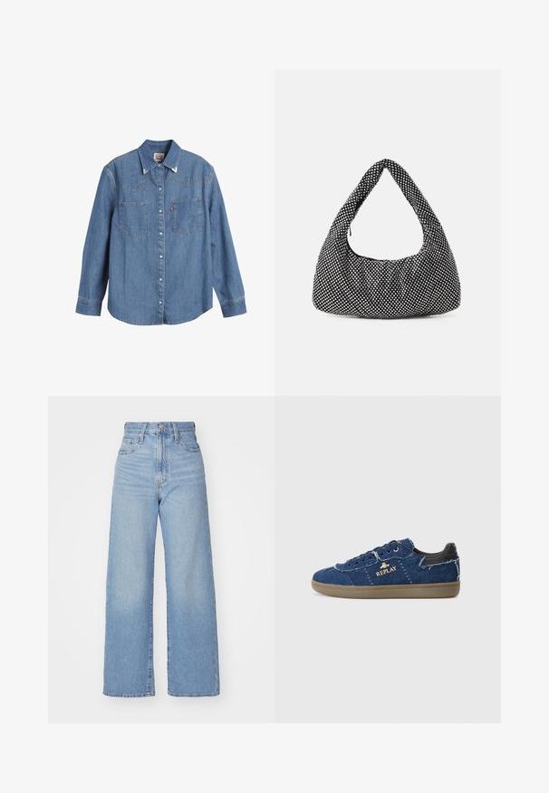 Šviesiai mėlynas džinsinis marškinis su ilgomis rankovėmis, smailu apykakliniu kraštu, dviem krūtinės kišenėmis ir kontrastinėmis siūlėmis. Yra vakarietiško stiliaus jungo dizainas.; Šviesiai mėlynos aukšto liemens plačios kojos džinsai su priekiniais užtrauktukais ir sagom, priekinėmis ir galinėmis kišenėmis, ant baltos fono.; Replay PYPER - Sportbačiai - blue; Juoda, kreivę formą turinti hobo tipo rankinė, pagaminta iš tekstūruotos medžiagos, puošta sidabriniais kalnų krištolais. Viena viršutinė rankena, su užtrauktuku užsegama ir minkšta siluetas.