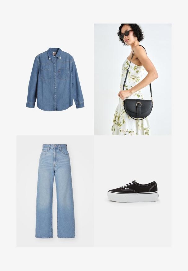 Chemise en jean bleu clair à manches longues, col pointu, deux poches poitrine et coutures contrastées. Possède un design de dos de style western.; Jean large taille haute bleu clair avec bouton et fermeture éclair à l'avant, poches avant et arrière, sur fond blanc.; Baskets en toile noires avec une semelle en caoutchouc blanc, dotées de lacets et de coutures blanches, marquage emblématique sur le côté, design basse.; Sac à main en cuir noir avec une forme courbée, bandoulière amovible et des accessoires en or. Le sac est doté d'un rabat avec un détail de boucle.