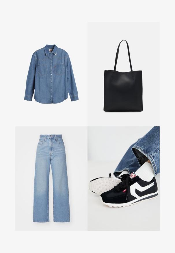 Gaiši zila džinsa krekls ar garām piedurknēm, norādītu apkakli, divām krūšu kabatām un kontrastējošu šuvju. Satur rietumu stila jostas dizainu.; Gaiši zili augstās jostas vidukļa platās bikses ar priekšējo pogu un rāvējslēdzēju, priekšējām un aizmugurējām kabatām uz baltā fona.; Levi's® STRYDER - Treniņu apavi - regular black; Melnas ādas somiņa ar gludu tekstūru, taisnstūra formu un divām garām rokturiem. Nav redzamu aparatūras vai rotājumu.