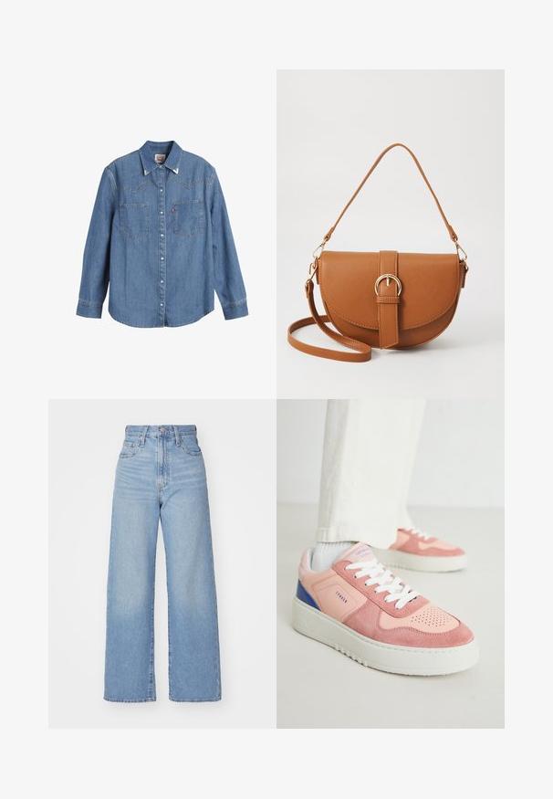 Heledsinine denim särk pika varrukaga, terava krae, kahe rinnatasku ja kontrastsete õmblustega. Omab läänest inspireeritud kätetõusu disaini.; Heledad sinine kõrge vöökohaga laiad teksad, ees nupp ja tõmblukk, ees ja taga taskud, valge tausta peal.; Roosa ja korallipunane spordijalatsid, valmistatud seemisnahast ja nahast, valgete paeltega ning tekstuurse kummitaldaga. Tootel on sinised detailid kandadel.; Pruun nahast õlakott, millel on kumer kuju, kullavärvi riistvara ja pandlaga kaunistus. Omab eemaldatavat õlarihma.