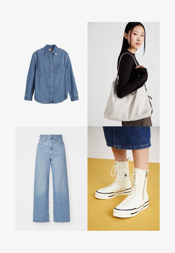 Heledsinine denim särk pika varrukaga, terava krae, kahe rinnatasku ja kontrastsete õmblustega. Omab läänest inspireeritud kätetõusu disaini.; Heledad sinine kõrge vöökohaga laiad teksad, ees nupp ja tõmblukk, ees ja taga taskud, valge tausta peal.; Valged kõrge säärega tossud, millel on lukuga sulgemine, paelad ja mustad triibud paksul tallal. Tekstureeritud kangast materjal.; Bež käekott pehme materjali, millel on lõtv disain, õmblustega detailid ja kaks õlarihma. Sobib igapäevaseks kasutamiseks.