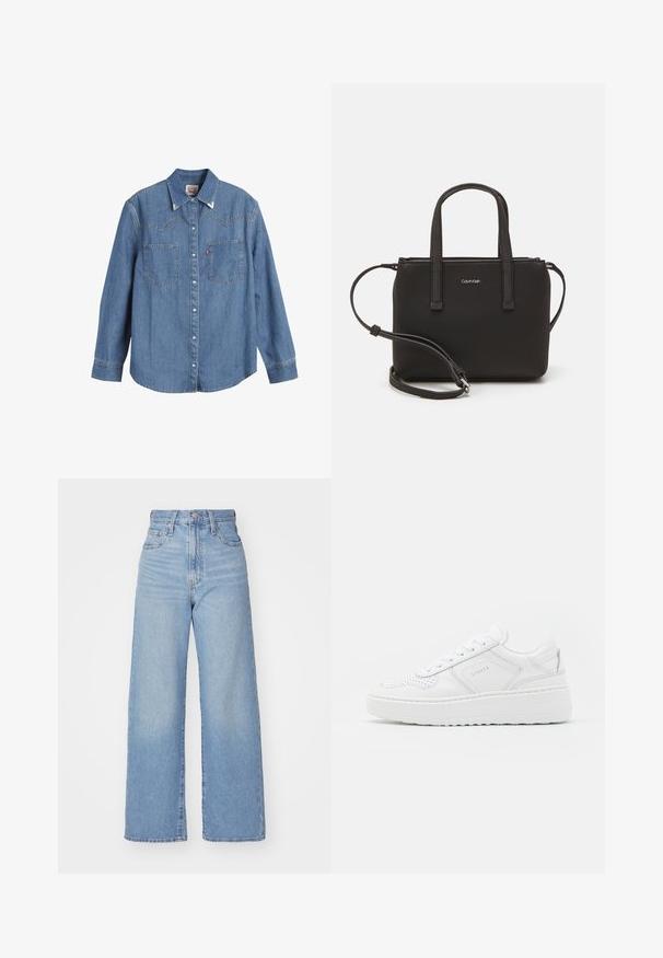 Chemise en jean bleu clair à manches longues, col pointu, deux poches poitrine et coutures contrastées. Possède un design de dos de style western.; Jean large taille haute bleu clair avec bouton et fermeture éclair à l'avant, poches avant et arrière, sur fond blanc.; Baskets blanches avec une tige en cuir lisse, des détails perforés et une épaisse semelle en caoutchouc. Présente un branding minimal et un design à lacets.; Sac à main noir avec deux poignées courtes et une bandoulière amovible. Matière lisse semblable à du cuir avec une fermeture éclair et un détail de logo.