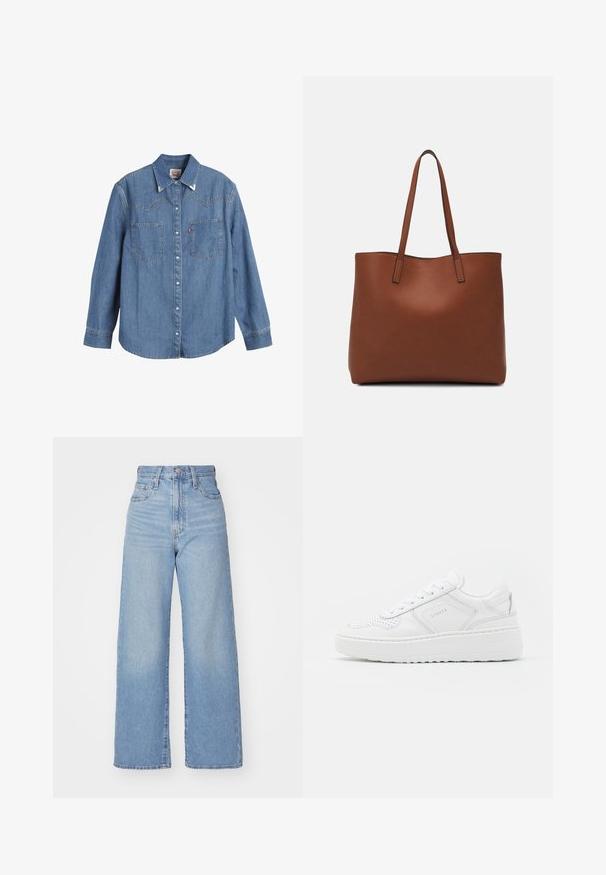 Camisa de ganga azul clara com mangas longas, colarinho pontudo, dois bolsos no peito e costura em contraste. Apresenta um design de yoke ao estilo western.; Jeans de cintura alta e perna larga em azul claro, com fecho frontal de botão e zíper, bolsos frontais e traseiros, sobre um fundo branco.; Ténis brancos com um cabedal de couro liso, detalhes perfurados e uma sola de borracha grossa. Apresenta uma marcação mínima e um design de atacadores.; Bolsa tote de couro castanho com uma textura suave, design de abertura superior e duas alças para o ombro. Apresenta costura mínima e sem hardware visível.