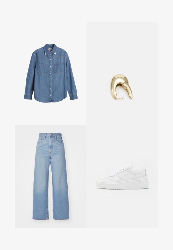 Heledsinine denim särk pika varrukaga, terava krae, kahe rinnatasku ja kontrastsete õmblustega. Omab läänest inspireeritud kätetõusu disaini.; Heledad sinine kõrge vöökohaga laiad teksad, ees nupp ja tõmblukk, ees ja taga taskud, valge tausta peal.; Valged sneake'rid, millel on sile nahast pealis, perforatsioonidega detailid ja paks kummitald. Üksikasjad on minimaalne bränding ja nööbid.; Kuldtooni metallist kõrvarõngas, millel on elegantne ja kaarjas disain. Omab silmapaistvat teravat kuju, poleeritud pinda ja hingesulgemist.