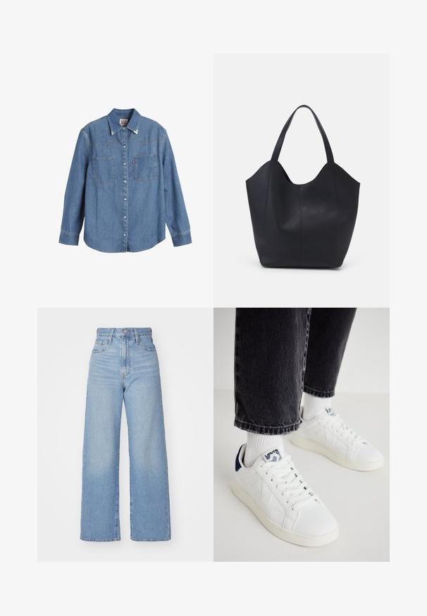 Svijetloplava traper košulja s dugim rukavima, šiljastim ovratnikom, dva džepa na prsima i kontrastnim šavovima. Sadrži dizajn jarmaka u zapadnjačkom stilu.; Svetlo modri visokorasli široki traper hlače z sprednjim gumbom in zadrgo, sprednjimi in zadnjimi žepi, na belem ozadju.; Bele športne copate iz bele usnje z mornarsko modrimi akcenti, perforiranim dizajnom in ravnimi vezalkami. Imajo označeno jezikovno etiketo in svetlo obarvan gumijast podplat.; Črna torba v obliki tote iz gladke usnjene površine, ki ima ukrivljen odprt vrh z dvema naramnicama in minimalističnim dizajnom.