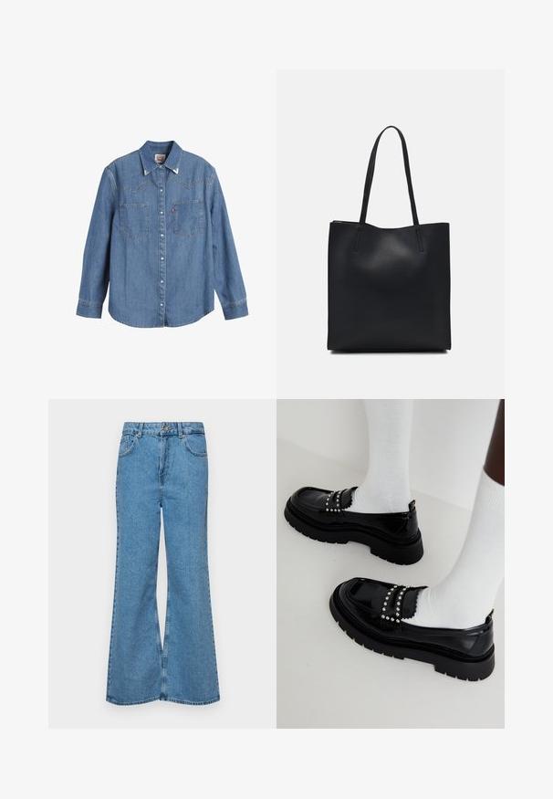 Svijetloplava traper košulja s dugim rukavima, šiljastim ovratnikom, dva džepa na prsima i kontrastnim šavovima. Sadrži dizajn jarmaka u zapadnjačkom stilu.; Svetlo modri razširjeni džins hlače iz denima, z visokim pasom, petimi žepi in enim gumbom za zapiranje. Mehka tekstura z blagim zbledelim videzom.; Črne lakaste čevlje z masivnim podplatom, ki imajo srebrne zakovice in valovite detajle, obute z belimi nogavicami.; Črna usnjena torba s svilnato teksturo, pravokotne oblike in dvema dolgima ročajema. Brez vidnih metalnih delov ali okrasnih elementov.