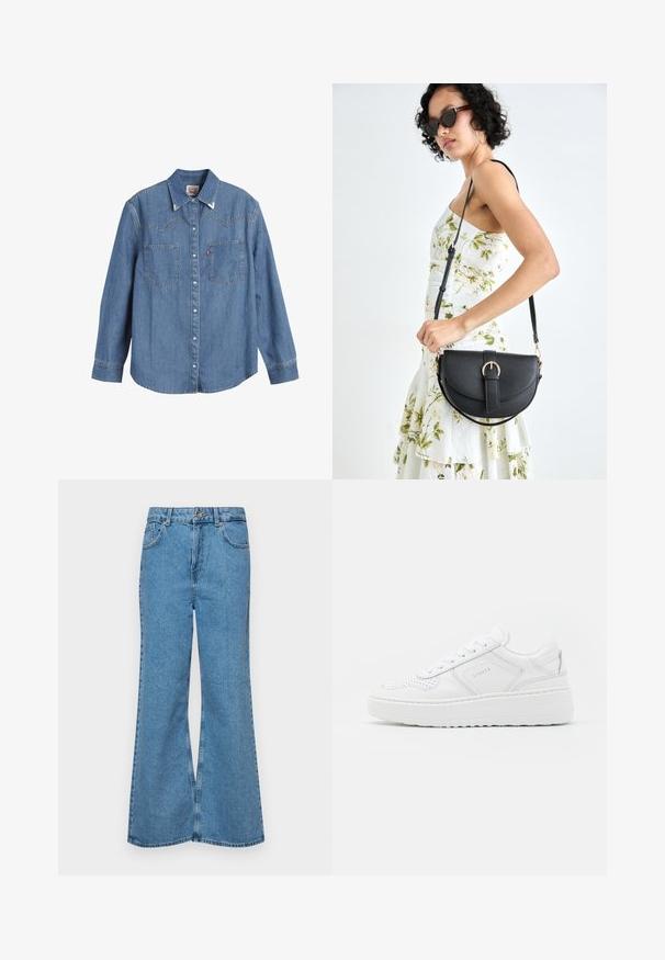 Lyseblå denimskjorte med lange ermer, spiss krage, to brystlommer og kontrasterende søm. Har et vestlig stil yoke-design.; Lyseblå vide jeans laget av denim, med høyt liv, fem lommer og en enkelt knappelukking. Myk tekstur med falmet finish.; Hvite sneakers med en glatt skinnoverdel, perforerte detaljer og en tykk gummisåle. Har minimal merkevareprofil og en snøringdesign.; Svart lærveske med en buet form, avtagbar stropp og gullbeslag. Vesken har et klaff med spenne-detall.