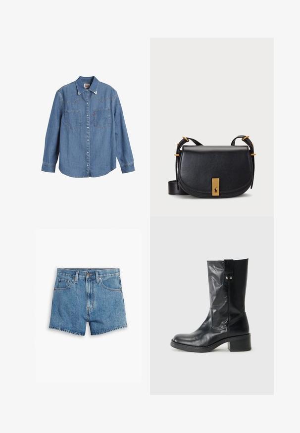 Gaiši zila džinsa krekls ar garām piedurknēm, norādītu apkakli, divām krūšu kabatām un kontrastējošu šuvju. Satur rietumu stila jostas dizainu.; Gaiši zili džinsu šorti, kas aprīkoti ar piecām kabatām, rāvējslēdzēja aizdari un pogu aizdari. Apakšmala ir saplēsta, un izskats ir brīvs.; Melnas ādas potītes zābaki ar noapaļotu purngalu, pieticīgu kaudzes papēdi un dekoratīvu sānu cilpu. Materiāls ir gluds ar spīdīgu apdari.; Melnas ādas crossbody soma ar izliekumu, zelta toņu aparatūru un priekšējo uzraksta detaļu ar logotipu. Iekļauta regulējama siksna.