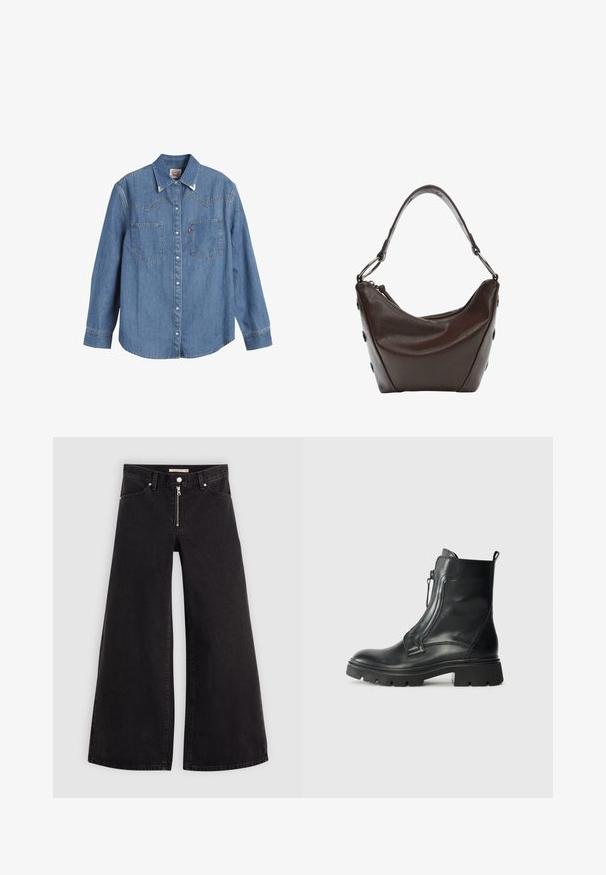 Svijetloplava traper košulja dugih rukava, s naoštrenim ovratnikom, dva džepa na prsima i kontrastnim šavovima. Sadrži dizajn yoke u zapadnjačkom stilu.; Široke traperice od crnog denima s prednjim zatvaračem, dizajnom s pet džepova i suptilnim detaljima šivanja. Glatka tekstura i ležeran stil.; Crna kožna gležnjača s debelim gumene potplate, bočnim patentnim zatvaračem, glatkom teksturom i lagano zaobljenim vrhom. Minimalistički dizajn bez uzoraka.; Tamno smeđa kožna torba sa zakrivljenim oblikom, zatvaranjem na zip i kratkom drškom. Ima metalne detalje i dekorativne crne dugmadi sa strane.