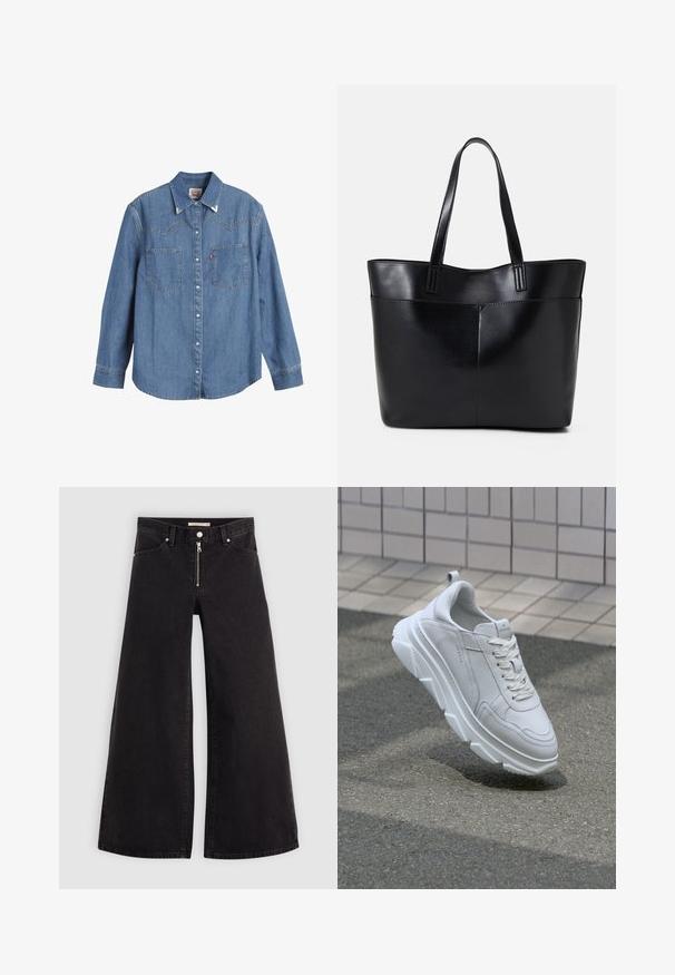 Šviesiai mėlynas džinsinis marškinis su ilgomis rankovėmis, smailu apykakliniu kraštu, dviem krūtinės kišenėmis ir kontrastinėmis siūlėmis. Yra vakarietiško stiliaus jungo dizainas.; Plačios kojų džinsai iš juodo džinsinio audinio su užtrauktuku priekyje, penkių kišenių dizainu ir subtiliais siuvinėjimo akcentais. Lygus paviršius ir laisvalaikio stilius.; Balti odiniai sportbačiai su storu, tekstūruotu guminio pado, su šnerymų uždarymu ir siuvinėjimo detalėmis. Apvalus pirštas ir kulkšnių palaikymo dizainas.; Juoda odinė rankinė su dviem ilgais diržais, lygiu paviršiumi ir struktūrizuota forma. Yra priekinė kišenė papildomam saugojimui.