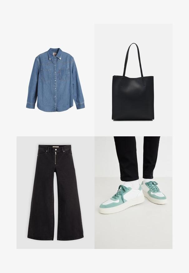 Jasnoniebieska koszula z denimu z długimi rękawami, spiczastym kołnierzykiem, dwiema kieszeniami na piersiach i kontrastowym przeszyciem. Ma wykończenie w stylu zachodnim na plecach.; Jeans o szerokich nogawkach w czarnym denienie z zamkiem błyskawicznym z przodu, pięcioma kieszeniami i subtelnymi detalami przeszycia. Gładka tekstura i swobodny styl.; Jasno miętowo zielone i białe sneakersy z zamszowymi i siateczkowymi materiałami, charakteryzujące się teksturowaną podeszwą i dopasowanymi sznurowadłami. Udekorowane perforowanymi detalami.; Czarna skórzana torba tote o gładkiej fakturze, prostokątnym kształcie i dwóch długich uchwytach. Brak widocznych elementów metalowych i ozdób.