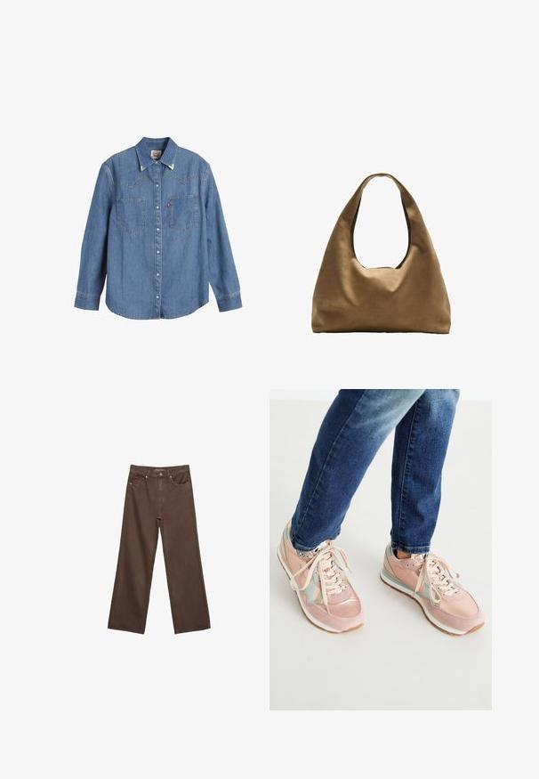 Jasnoniebieska koszula z denimu z długimi rękawami, spiczastym kołnierzykiem, dwiema kieszeniami na piersiach i kontrastowym przeszyciem. Ma wykończenie w stylu zachodnim na plecach.; Szerokie brązowe dżinsy wykonane z denimu, z wysokim stanem, przednimi kieszeniami i klasycznym zapięciem na guzik. Gładka faktura z subtelnym przeszyciem.; Różowe sneakersy wykonane z zamszu i skóry, z jasnoniebieskimi akcentami, okrągłym czubkiem i białymi gumowymi podeszwami. Sznurówki są w kolorze beżowym.; Brązowa torba na ramię z szerokim, zaokrąglonym kształtem i dużym wyciętym uchwytem. Miękka tekstura, minimalistyczny design i brak widocznych elementów metalowych.
