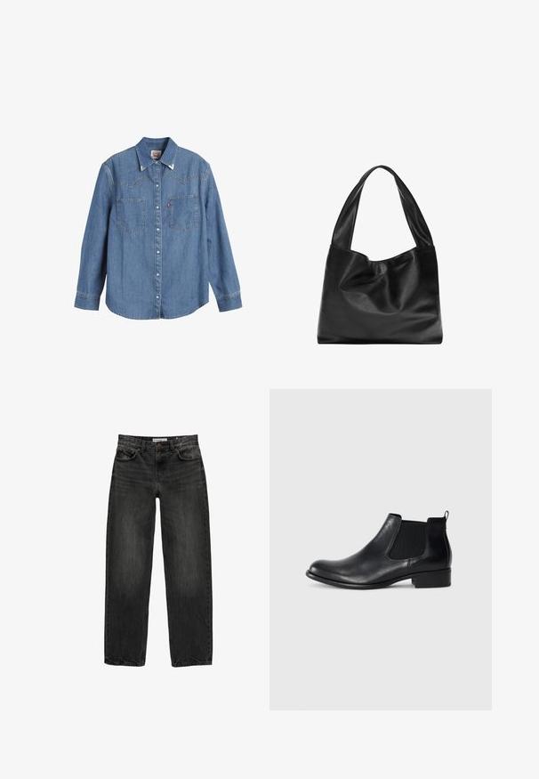 Svijetloplava traper košulja dugih rukava, s naoštrenim ovratnikom, dva džepa na prsima i kontrastnim šavovima. Sadrži dizajn yoke u zapadnjačkom stilu.; Crne traperice od denima s opuštenim krojem, ravnim nogavicama, dizajnom s pet džepova i blago izblijedjelom teksturom. Zaključavanje na dugme i patentni zatvarač sprijeda.; Crne kožne Chelsea čizme do članaka s elastičnim bočnim panelima, zaobljenim prstima, omčom na zadnjem dijelu i niskom blok peta. Glatka tekstura.; Crna kožna torba s mekanim, opuštenim dizajnom, širokim drškama i glatkom teksturom. Nema vidljive opreme ili ukrasa.