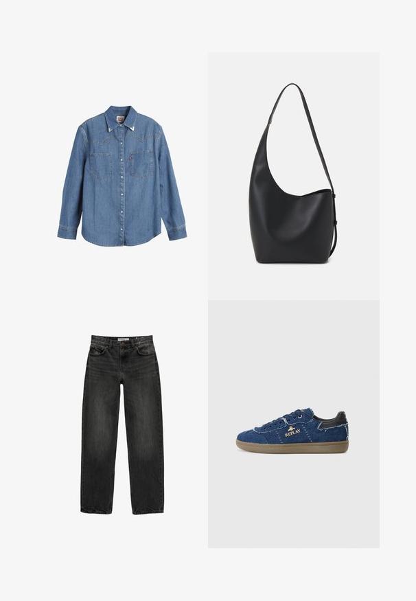 Vaaleansininen farkkupaita pitkillä hihoilla, terävillä kauluksilla, kahdella rintataskulla ja erottuvalla ompeluajalla. Ominaisuus lännen tyylinen yoke-muotoilu.; Mustat farkut rentoa istuvuutta, suora lahje, viisi taskua ja hieman haalistunut pinnan rakenne. Napin ja vetoketjun sulku edessä.; Replay PYPER - Matalavartiset tennarit - blue; Musta nahkainen hobo-laukku, jossa on sileä pinta, kaareva muoto ja yksi säädettävä olkahihna; sisäänkäynti on leveä ylhäältä.