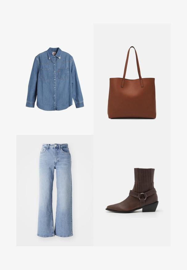 Light blue denim shirt with long sleeves, pointed collar, two chest pockets, and contrasting stitching. Features a western-style yoke design.; Light blue high-waist wide-leg jeans with front and back pockets, button closure, and subtle fading on the thighs and hems.; RAID DREAM - Cowboy/biker ankle boot - brown; Brown leather tote bag with a smooth texture, open top design, and two shoulder straps. Features minimal stitching and no visible hardware.