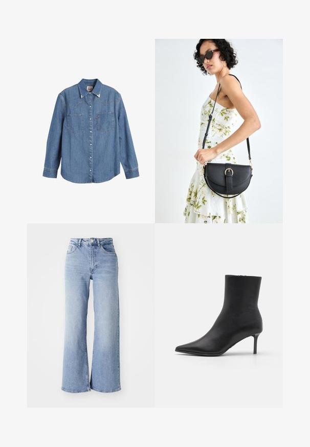 Šviesiai mėlynas džinsinis marškinis su ilgomis rankovėmis, smailu apykakliniu kraštu, dviem krūtinės kišenėmis ir kontrastinėmis siūlėmis. Yra vakarietiško stiliaus jungo dizainas.; Šviesiai mėlynos aukšto liemens plačius džinsus su priekiniais ir galiniais kišenėmis, mygtuko uždarymu ir subtiliu blukimu ant šlaunų bei apačių.; Juodos odinės aulinės botai su smailiu padu ir plonu vidutinio aukščio stiletu, prieš baltą fono.; Juodas odinis krepšys su išlenkta forma, nuimamu dirželiu ir auksiniais detalėmis. Krepšys turi kilpą su sagtimi.