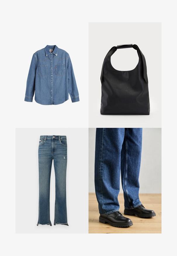 Chemise en jean bleu clair à manches longues, col pointu, deux poches poitrine et coutures contrastées. Possède un design de dos de style western.; Jean en denim bleu avec légère usure, ourlets bruts effilochés, poches avant, passants pour ceinture et fermeture par bouton.; Chaussures en cuir noir avec un bout arrondi, un laçage, et une semelle en caoutchouc épaisse et texturée, accompagnées d'un jean en denim bleu à coupe décontractée.; Sac à main en cuir noir avec une grande ouverture sur le dessus et une seule bandoulière. Texture douce, design minimaliste, avec des accents métalliques discrets.