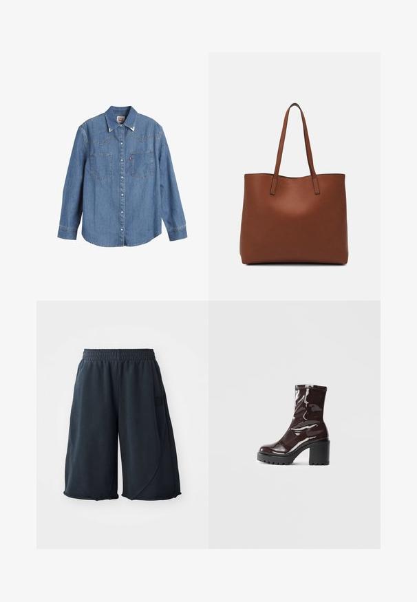 Svijetloplava traper košulja dugih rukava, s naoštrenim ovratnikom, dva džepa na prsima i kontrastnim šavovima. Sadrži dizajn yoke u zapadnjačkom stilu.; Crne atletske kratke hlače od mekog materijala, sa elastičnim pojasom i logotipom sa strane. Glatka tekstura uz opušteni kroj.; Sjajna burgundska čizma do gležnja s debelim crnim potplatom, koja se odlikuje glatkom teksturom i jednostavnim dizajnom. Nema vidljivih kopčanja ili uzoraka.; Smeđa kožna torba preko ramena s glatkom teksturom, otvorenim vrhom i dvjema naramenicama. Ima minimalne šavove i nema vidljivog hardvera.