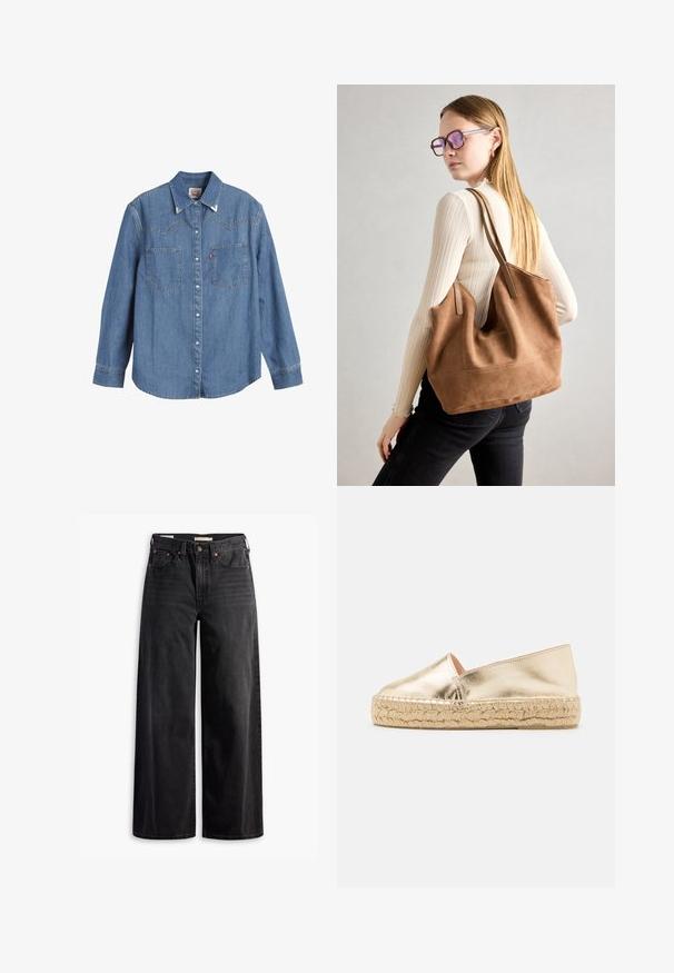 Svijetloplava traper košulja s dugim rukavima, šiljastim ovratnikom, dva džepa na prsima i kontrastnim šavovima. Sadrži dizajn jarmaka u zapadnjačkom stilu.; Črne široke kavbojke iz denima, z visokim pasom, štirimi žepi, bakrenimi zakovicami in kontrastnim šivom vzdolž šivov.; Zlate metalne espadrile s zaprto nosom in pletenim juto podplatom. Gladka tekstura z preprostim, elegantnim dizajnom. Minimalna podrobnost.; Rjava semišna torba z mehko teksturo, velikim odprtjem in dolgimi ročaji. Ima preprost dizajn z vidnim šivanjem in brez okovja.