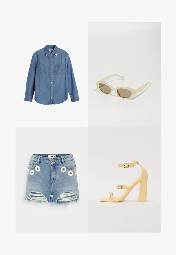 Svetlomodrá džínsová košeľa s dlhými rukávmi, špicatým golierom, dvoma náprsníkmi a kontrastným stehom. Obsahuje dizajn yoku v západnom štýle.; Džínové šortky v svetlomodrej farbe s vyšívanými bielymi kvetmi a hnedými stredmi na prednej strane. Frayed lem a roztrhnuté detaily na nohách.; Žlté sandále na blokovom podpätku s tromi nastaviteľnými popruhmi, štvorcový tvar špičky, hladký syntetický materiál a sponky v striebornom tóne.; Oválne slnečné okuliare s priesvitným svetložltým rámom a hnedými šošovkami. Majú úplne hladký povrch a jemné kovové akcenty na stranách.