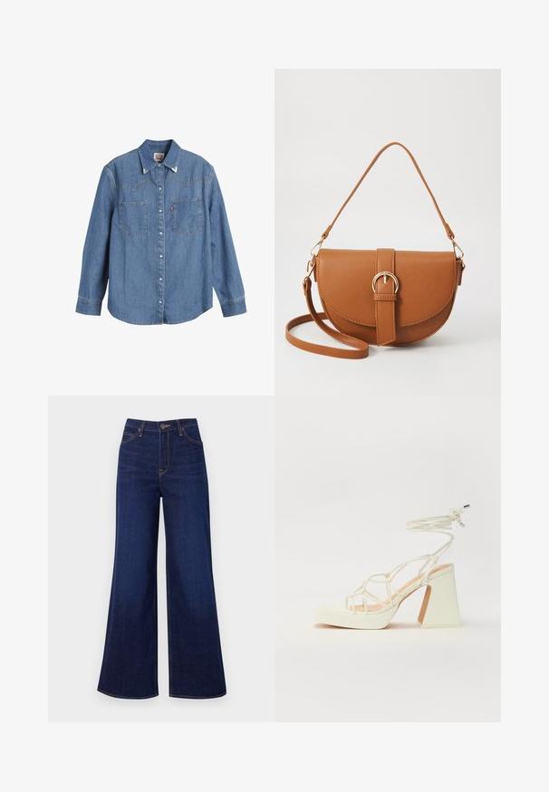 Lyseblå denimskjorte med lange ermer, spiss krage, to brystlommer og kontrasterende søm. Har et vestlig stil yoke-design.; Mørkeblå vide jeans laget av denim, med høy midje, fem-lommers design og kontrastfarget oransjetråd langs sømmene.; Hvit høyhælte sandal med kraftig hæl, med en stroppe-design og ankelbånd. Glatt tekstur med plattform foran for ekstra høyde.; Brun lærcrossbody-veske med en buet form, gullhardware og et spenneakcent. Har en avtakbar skulderreim.