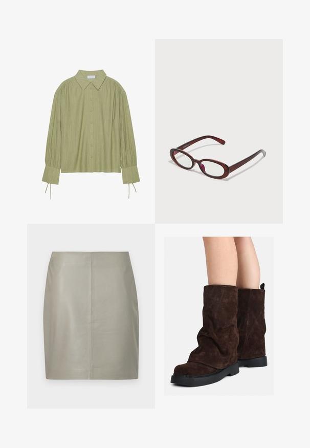 Camicia a maniche lunghe verde chiaro con frontale a bottoni, colletto, tessuto strutturato e dettagli con cravatta ai polsini. Design con orlo dritto.; Gonna in pelle beige a lunghezza al ginocchio con taglio dritto e cucitura verticale centrale, mostrata su uno sfondo bianco.; Stivali in suede marrone a metà polpaccio con suole in gomma nera indossati su gambe nude, mostrano lievi pieghe sulla parte superiore degli stivali.; Occhiali da sole rotondi di colore rosso con lenti trasparenti e montatura marrone elegante. Il design presenta curve sottili e hardware minimale.