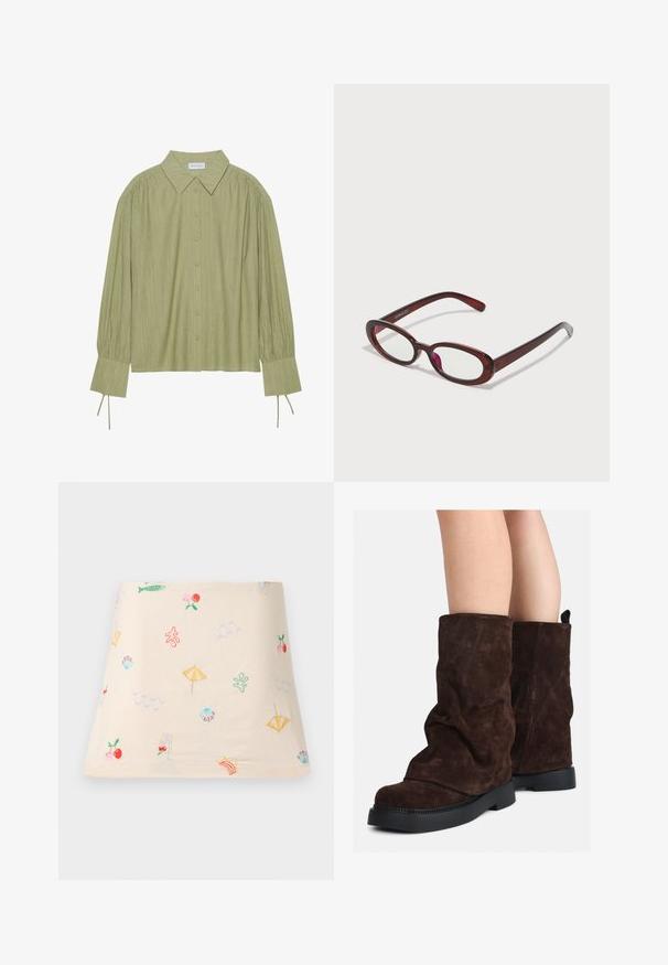 Šviesiai žalias ilgos rankovės marškinėlis su mygtukų uždarymu priekyje, apykakle, tekstūruota medžiaga ir raišteliais rankogaliuose. Tiesios apdailos dizainas.; Išsiuvinėtas medvilnės viršus su grietinėlės spalvos fonu, kuriame pavaizduoti spalvingi paplūdimio tematikos raštai, tokie kaip skėčiai, bangos, žuvys ir vyšnios.; Rudi od suede iki blauzdų aukščio, su juodais gumos padais, dėvimi ant nuogų kojų, rodo lengvą raukšlių susidarymą ant batų šonų.; Ovalo formos raudoni akiniai su skaidriais lęšiais ir elegantiškais rudais rėmeliais. Dizainas pasižymi subtiliomis kreivėmis ir minimaliais detalėmis.