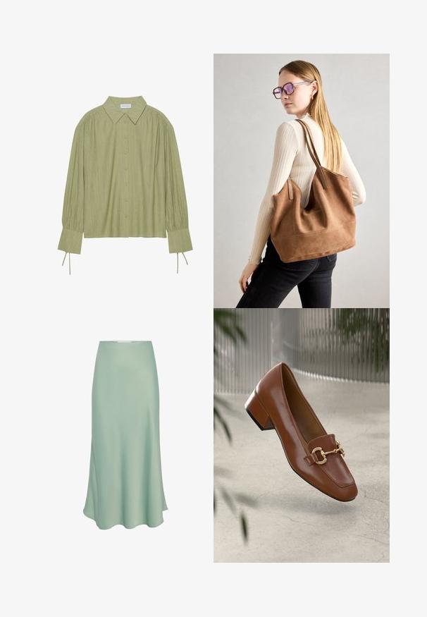 Svetle zelená košile s dlouhým rukávem, zapínáním na knoflíky, límečkem, texturovanou tkaninou a detailem kravaty na manžetách. Rovný lem.; Sukně midi z mátově zeleného saténu s hladkým povrchem, která má mírně rozšířený tvar a boční rozparek pro vylepšení designu.; Hnědé lakované kožené mokasíny se čtveratou špičkou, kovovým řetízkovým akcentem a nízkým blokovým podpatkem; hladká textura, minimalistický design.; Hnědá semišová taška přes rameno se soft-touch texturou, velkým otvorem a dlouhými popruhy. Disponuje jednoduchým designem s viditelným šitím a bez kovových prvků.