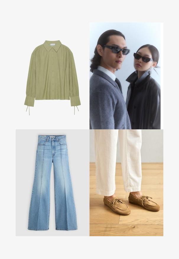 Jasnozielona koszula z długim rękawem, zapinana na guziki, z kołnierzykiem, teksturowanym materiałem i detalami w postaci wiązań przy mankietach. Prosty krój u dołu.; Jasnoniebieskie dżinsy z wysokim stanem i szerokimi nogawkami, z przednimi i tylnymi kieszeniami, przeszyciami na paski oraz pionowymi szwami z przodu.; Brązowe zamszowe buty żeglarskie ze sznurowadłami, z zaokrąglonym noskiem i szytymi detalami. Noszone z białymi spodniami z kordurowej tkaniny w drewnianym otoczeniu.; Okulary przeciwsłoneczne z kanciastymi czarnymi oprawkami na modelu w szarym swetrze, prezentujące teksturowany dzianinowy materiał oraz czarną skórzaną kurtkę noszoną przez innego modela.