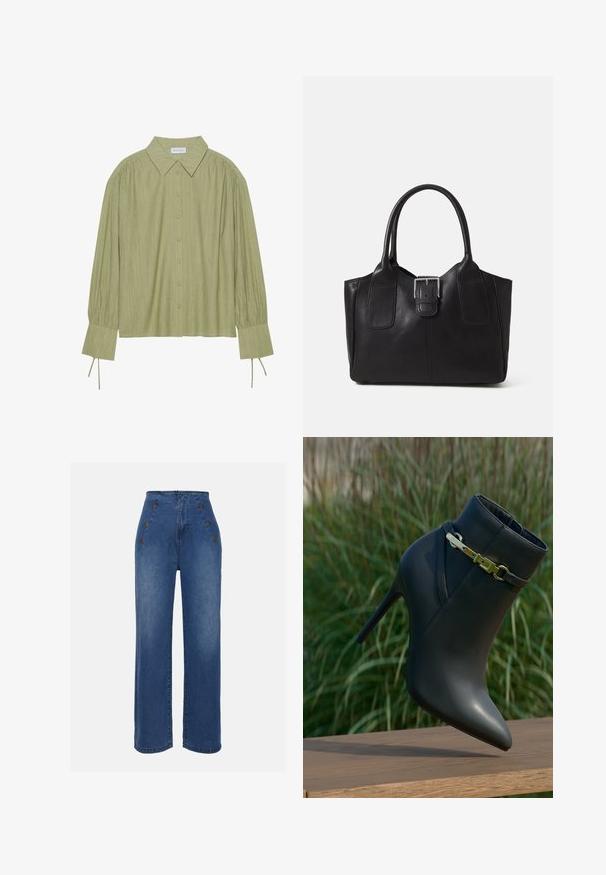 Világoszöld, hosszú ujjal rendelkező ing, gombos elülső résszel, gallérral, texturált anyagból készült és nyakkendő részletekkel az ujjaknál. Egyenes hem kialakítás.; Közepesen kék, magas derekú farmernadrág. Elöl gombos részletek és széles szárú kialakítás jellemzi. Az anyaga sima tapintású, enyhén megfakult.; Fekete, magassarkú bokacsizma, hegyes orral és arany csattal, fáváros felületen zöld növényzet háttérrel elhelyezve.; Fekete bőr bevásárlótáska sima textúrával, strukturált formával, két fogantyúval és egy figyelemfelkeltő ezüst csattal az elején.