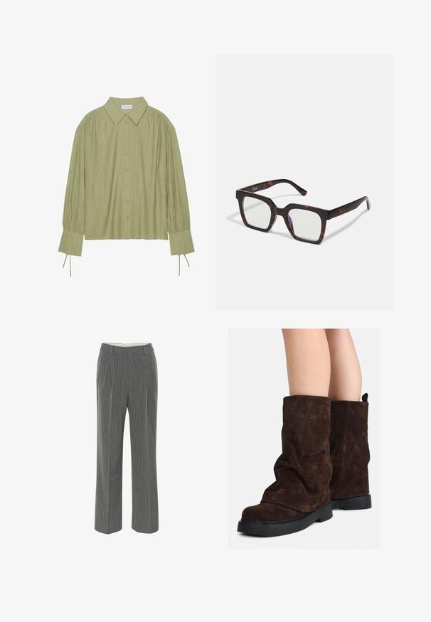 Camicia a maniche lunghe verde chiaro con frontale a bottoni, colletto, tessuto strutturato e dettagli con cravatta ai polsini. Design con orlo dritto.; Pantaloni grigi a righe sottili con vestibilità sartoriale, fronte piatto e design a gamba larga. Realizzati in un tessuto liscio e leggero.; Stivali in suede marrone a metà polpaccio con suole in gomma nera indossati su gambe nude, mostrano lievi pieghe sulla parte superiore degli stivali.; Occhiali da sole quadrati con montatura in acetato tartarugato e lenti trasparenti. Presentano tempie larghe e una finitura opaca, che migliora la durabilità complessiva.; Borsa a spalla in pelle crema con forma a mezzaluna, strap sottile e dettagli di cucitura delicati. Design minimalista con accenti in metallo dorato.