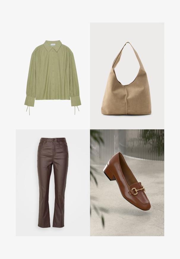 Cămașă verde deschis cu mâneci lungi, cu închidere prin butoni, guler, material texturat și detalii cu cravată la mansete. Design cu tiv drept.; Pantaloni din piele ecologică maro cu un design pe picior drept, având cinci buzunare, închidere prin buton frontal și accente de cusătură vizibile.; Mocasini din piele patent cafenie, cu vârf pătrat, accent cu lanț metalic și toc mic; textură netedă, design minimalist.; Geantă hobo din suede bej moale, cu o formă lejeră, curea lată de umăr și detalii de cusătură manuală pe partea din față.