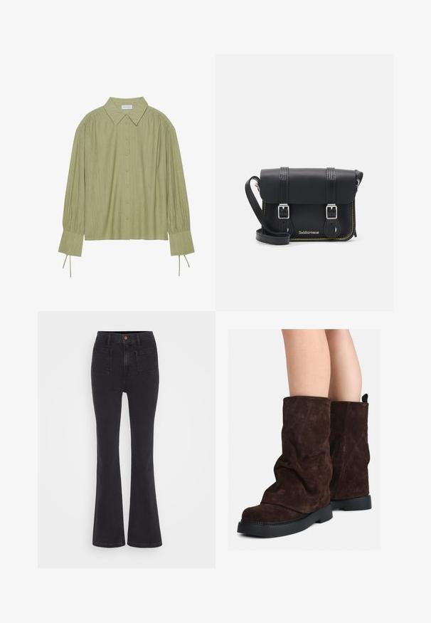 Chemise à manches longues vert clair avec un devant boutonné, un col, un tissu texturé et des détails de cravate aux poignets. Conception à ourlet droit.; GAP 70S TAYLORSON - Jean flare - basic black; Bottes en suède marron mi-mollet avec des semelles en caoutchouc noires portées sur des jambes nues, présentant de légers plis sur les tiges des bottes.; Sac bandoulière en cuir noir avec un rabat, deux boucles en argent, des coutures jaunes et une sangle réglable. Présente une texture lisse et un design compact.