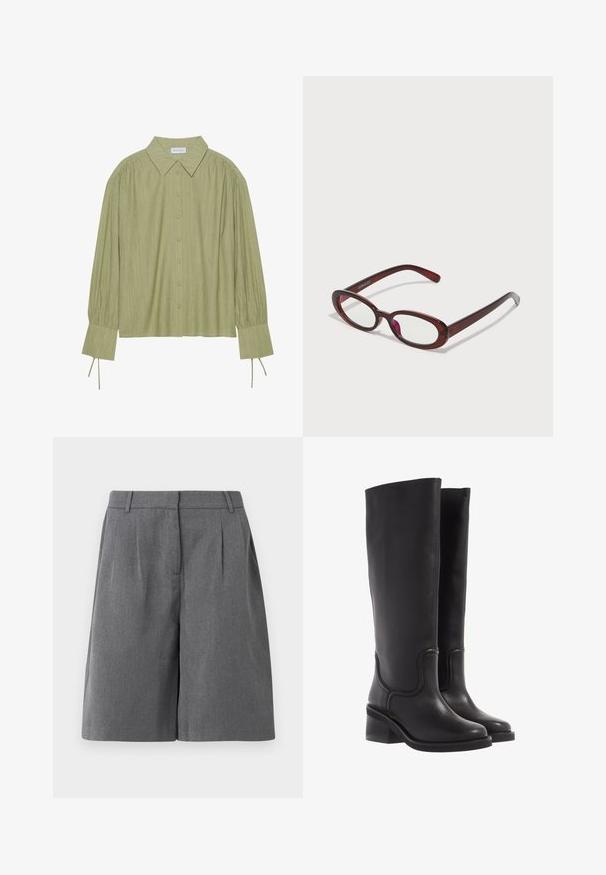 Lys grøn langærmet skjorte med knaplukning foran, krave, tekstureret stof og slipse detaljer ved manchetterne. Lige kantdesign.; Grå skræddersyede shorts med flad front, plisseringer og sidelommer. Lavet af letvægtsstof, har en gl smooth overflade og lige snit.; Sorte læder knæ-høje støvler med en glat tekstur, rund tå og en chunky hæl. Har diskret syninger og et strømlinet design.; Ovale røde solbriller med klare linser og slanke brune stel. Designet har subtile kurver og minimalt hardware.