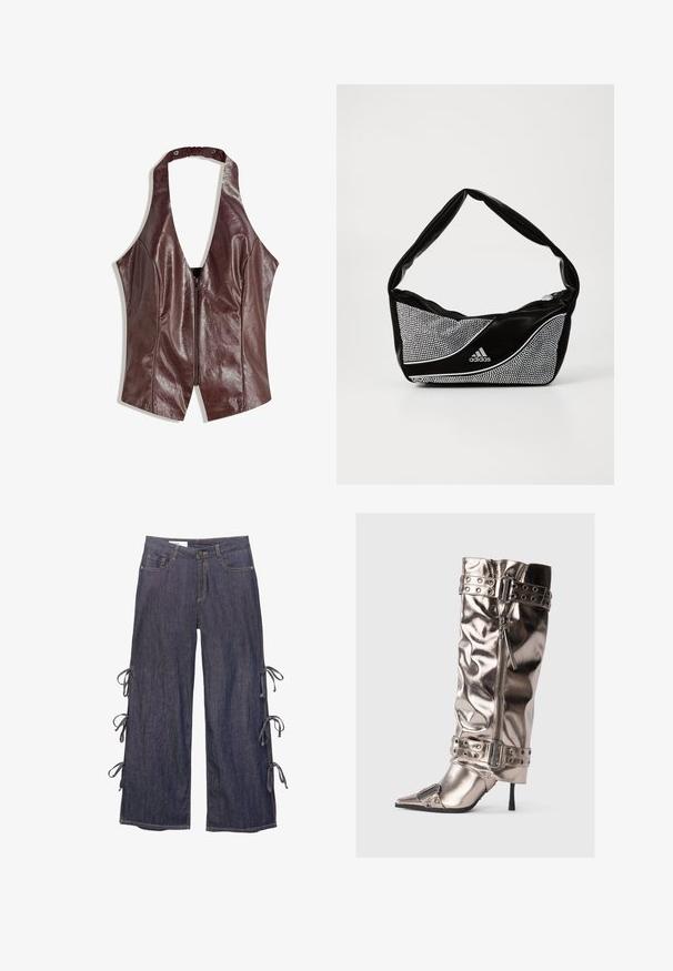 Bordo faux kožni top na halter, s dubokim V-izrezom, koji se zatvara patentnim zatvaračem sprijeda i ima nabrane detalje na izrezu.; Tamne široke traperice tamnoplave boje s bočnim vezicama i kopčanjem na dugme. Ima prednje džepove i opušteni siluetu.; Metalne čizme do koljena s uskim štiletto potpeticama, šiljastim nožnim dijelom, zatvaranjem na patentni zatvarač i čepovima s zakovicama. Imaju naboranu teksturu.; Crna i srebrna adidas torba s glatkom teksturom, koja sadrži sjajni uzorak s umetnutim dugmadi i prepoznatljivim zakrivljenim dizajnom.