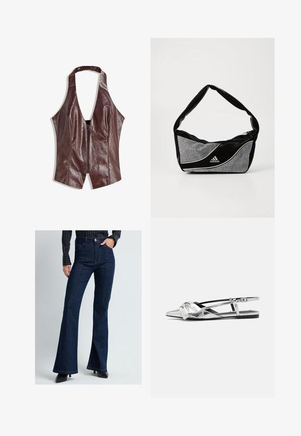 Burgundská top z imitace kůže na zavazování za krk s hlubokým V výstřihem, s předním zipem a nařasenými detaily na výstřihu.; Tmavě modré džíny s rozšířenými nohavicemi z denimové látky, s vysokým pasem, viditelnými švy a zapínáním na knoflíky vpředu. Černé boty na vysokém podpatku.; Stříbrné metalické slingback baleríny s špičatou špičkou, které mají na přední části detail uzlu a nastavitelný pásek pro bezpečné uchycení.; Černá a stříbrná taška adidas s hladkou texturou, vyznačující se lesklým hrotným vzorem a charakteristickým zakřiveným designem.