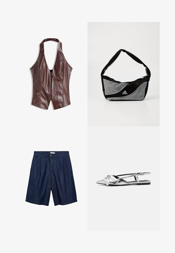 Top halter in ecopelle bordeaux con scollatura a V profonda, caratterizzato da una chiusura con zip sulla parte anteriore e dettagli arricciati sul collo.; Shorts in denim blu scuro con taglio dritto, pieghe frontali, chiusura a bottone e due tasche laterali. Tessuto liscio con cuciture sottili.; Ballerine slingback metalliche argento con punta affusolata, caratterizzate da un dettaglio annodato sul davanti e una fascia regolabile per una vestibilità sicura.; Borsa adidas nera e argento con una texture liscia, caratterizzata da un motivo borchiato lucido e un design curvo distintivo.